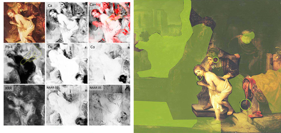 Слева: Результаты анализа всех слоев картины Рембрандта «Сусанна и старцы». Справа: Зеленым цветом отмечены переписанные Рейнольдсом фрагменты картины