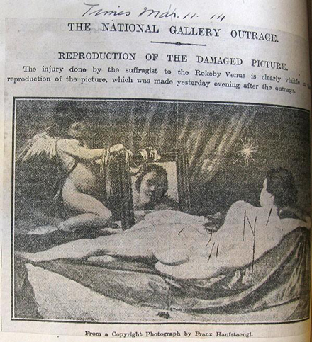Фотография поврежденной «Венеры Рокби» Веласкеса, напечатанная в The Times 11 марта 1914 года