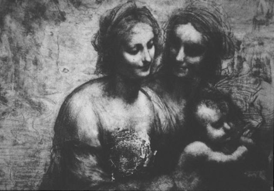 Поврежденная выстрелом картина Леонардо да Винчи «Богоматерь с Младенцем, святой Анной и Иоанном Крестителем». Ок. 1500. Мел, уголь, бумага, закрепленная на холсте