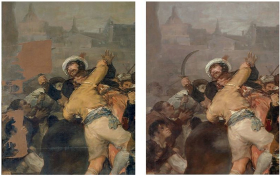 «Бой с мамелюками 2 мая 1808 года в Мадриде» Франсиско Гойи. Фрагмент картины до реставрации 2008 года с затонированными фрагментами, утраченными во время повреждения картины в результате бомбардировки. И фрагмент после реставрации