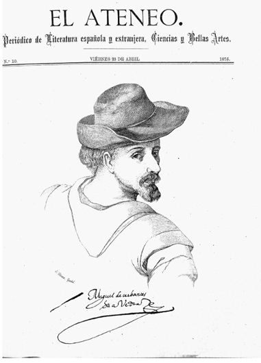 Портрет молодого Сервантеса с утраченного рисунка Эдуардо Кано де ла Пеньи. Обложка журнала El Ateneo. 1875