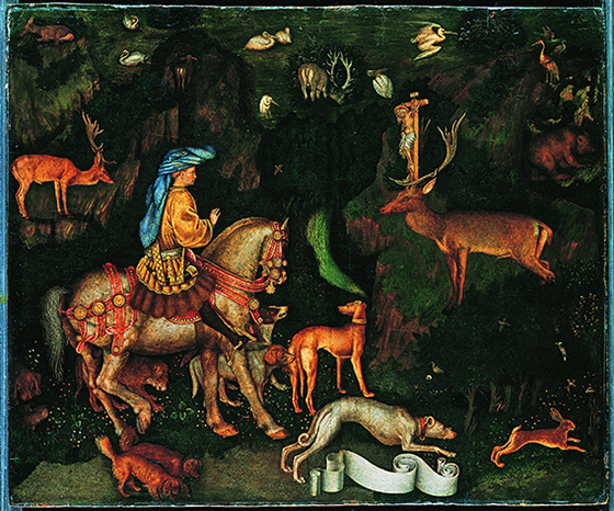 Пизанелло. Видение святого Евстафия. Около 1438–1442. Дерево, темпера; 54,8×65,5